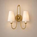 18-Inch Two-Light Wall Sconce in Antique Gold Leaf with Fabric Shades.