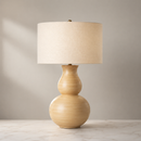 27-Inch Mustard Ceramic Table Lamp with Beige Linen Drum Shade and E26 Base.
