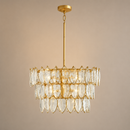 30-inch eight-light LED chandelier in distressed brass with textured glass.