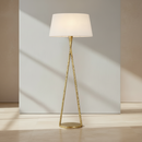 60-Inch LED Sculpted Floor Lamp in Gilded Iron with Linen Oval Shade.