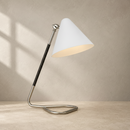 Visual Comfort Laken 17 in Desk Lamp in Polished Nickel with Black Rattan Detail.